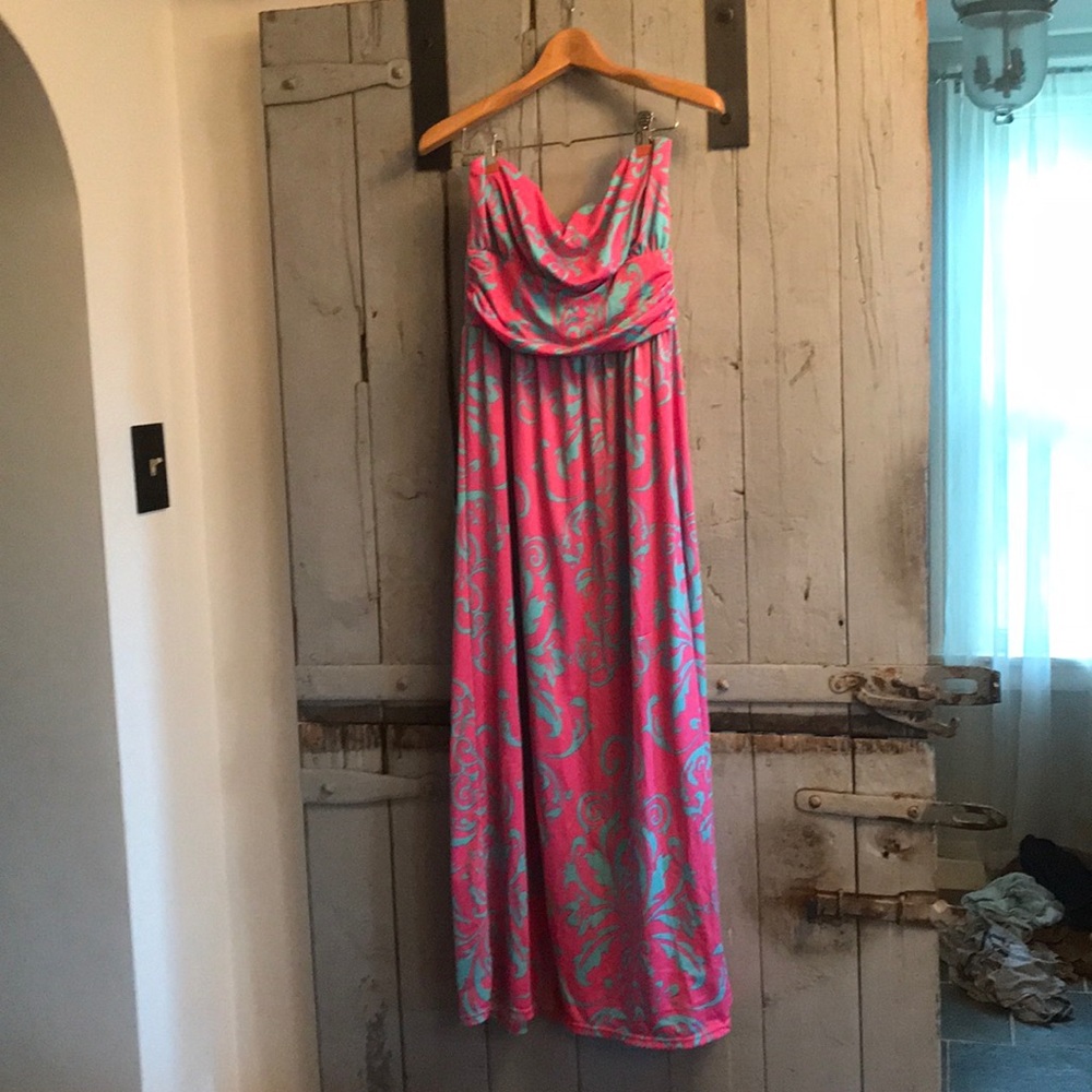 Strapless maxi dress pink and teal
